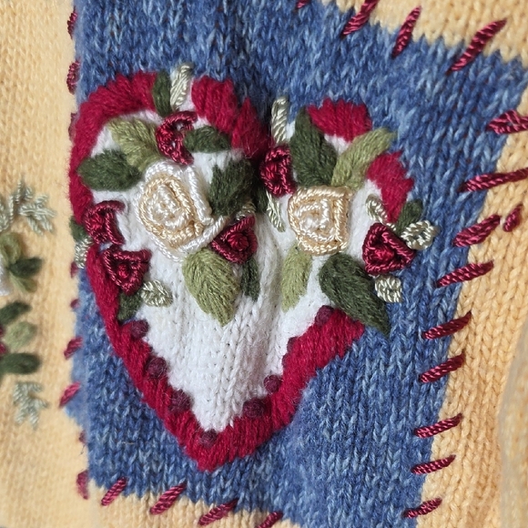 Vtg Heirloom Collectibles Patchwork Cardigan Sweater Rose Embroidery Yellow XL - Picture 4 of 13